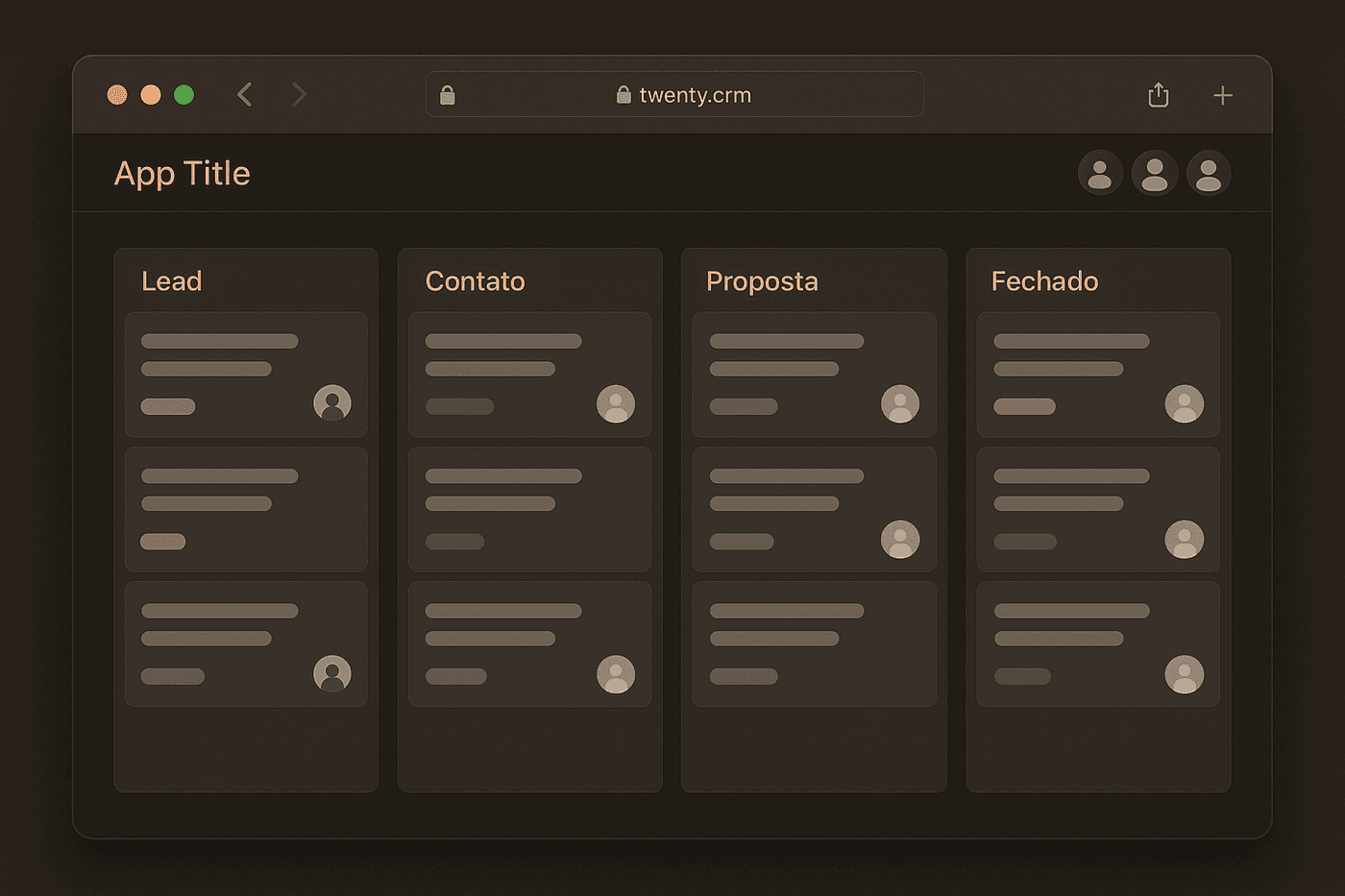 Mockup do CRM — kanban em tema escuro com colunas Lead, Contato, Proposta e Fechado