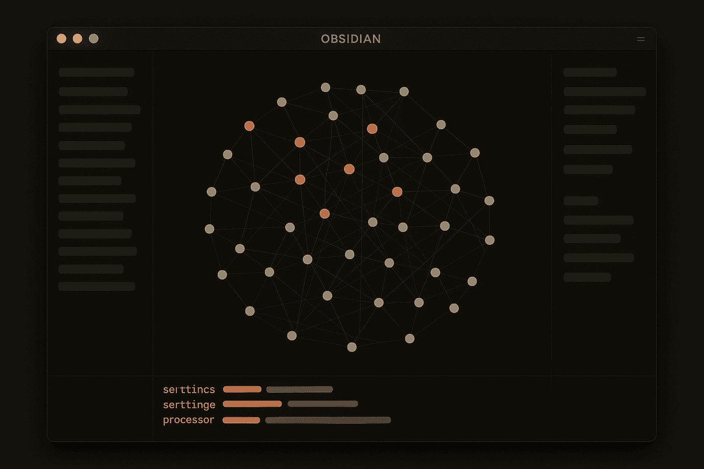 Mockup do Segundo Cérebro, Obsidian em tema escuro com grafo de notas conectadas e terminal Claude embaixo