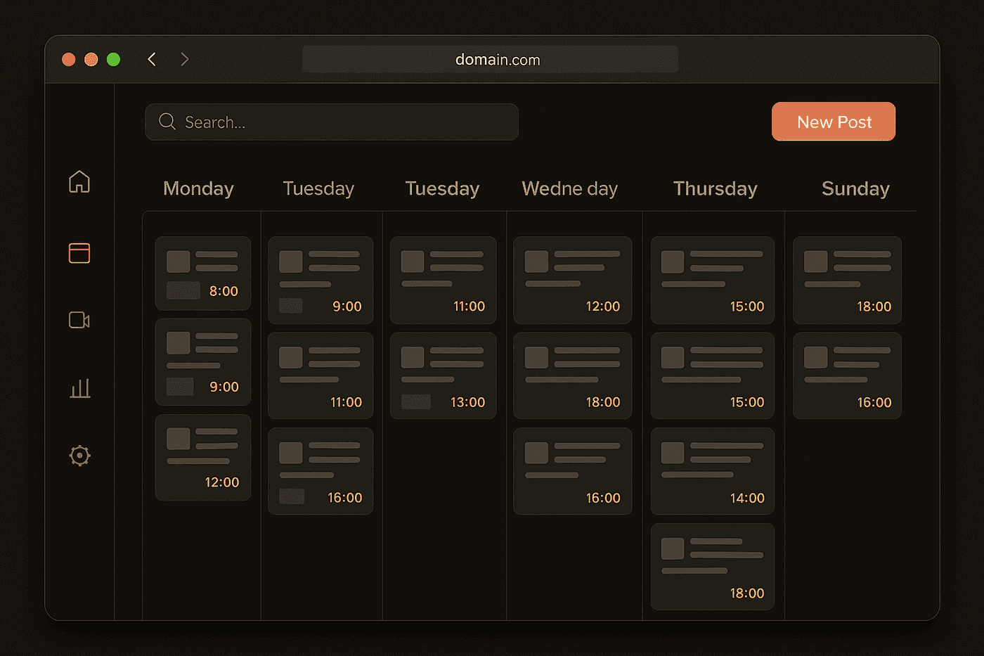 Mockup do Studio, calendário semanal de posts com sidebar de navegação e botão de novo post
